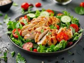 Keto salad with chicken fillet and fresh vegetable . Panorama, copy space 