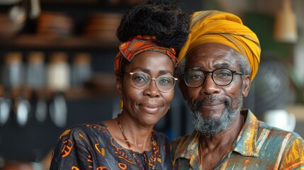 Fototapeta premium Portrait of an elderly African American couple smiling warmly in their kitchen surrounded by fresh vegetables..