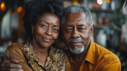 Portrait of an elderly African American couple smiling warmly in their kitchen surrounded by fresh vegetables..