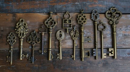 vintage brass keys, each boasting its own unique size and shape, adorned with intricate designs, meticulously arranged against a solid backdrop of white, gray, or dark hues.