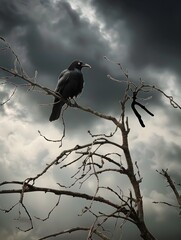 Fototapeta premium Ominous Crow Perched on Barren Tree Branch Against Dramatic Stormy Gray Sky