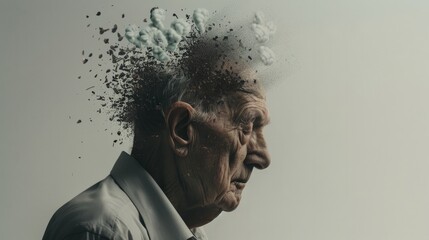A doctor is placing puzzle pieces on the head of an older man. Alzheimer's concept, Memory loss due to dementia