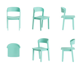 Set of six views of a modern wooden light green chair isolated on a transparent background. Front view, top view, two sides, two perspectives. 3d render
