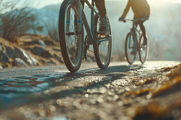 Cyclist on mountain bike riding on a bike on mountain track