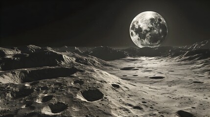 Ethereal Lunar Landscape A Vast Serene Expanse Bathed in the Captivating Glow of a Full Moon
