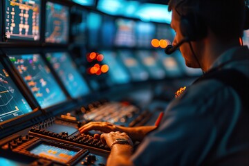 Male controller working at air traffic control in airport tower