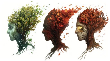 Three tree shapes like human heads, . Each of them symbolizes different stages of Alzheimer, Brain aging and memory loss due to Dementia and Alzheimer's disease
