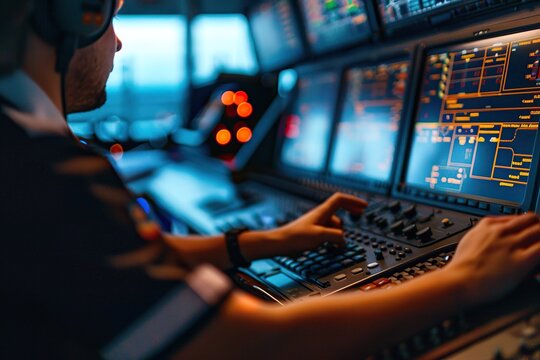 Male controller working at air traffic control in airport tower