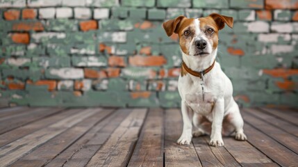 One white and brown adult mixed breed dog wearing a collar posing on a wooden floor for the camera in front of a greenish gray brick wall