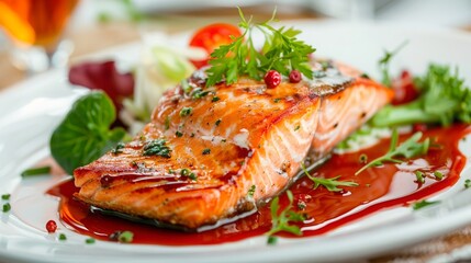A freshly baked piece of salmon is placed on a plate and sauce is added