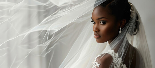 Beautiful African bride in a white wedding gown on a clear background