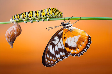 Amazing moment ,Large tropical butterfly hatch from the pupa and emerging with clipping path.  Concept transformation of Butterfly