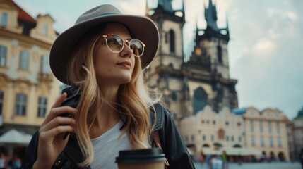 Obraz premium Stylish woman in a beautiful European city, exploring and drinking a cup of hot coffee on the go.