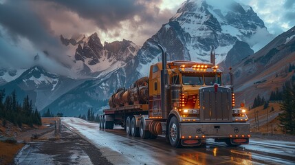 Gold heavy hauler on a mountain pass, carrying oversized loads, copy space for text