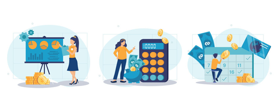 Planning financial budget isolated set. Accounting analysis and savings. People collection of scenes in flat design. Vector illustration for blogging, website, mobile app, promotional materials.