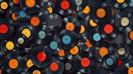 Vinyl Records Pattern on a Retro Colored Background with Peacock Blue, Tangerine, and Almond Shades