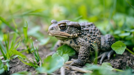 Obraz premium Gray toad. Reptile in the summer in the garden. Macro photo. Representative of the fauna.