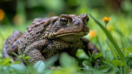 Obraz premium Gray toad. Reptile in the summer in the garden. Macro photo. Representative of the fauna.