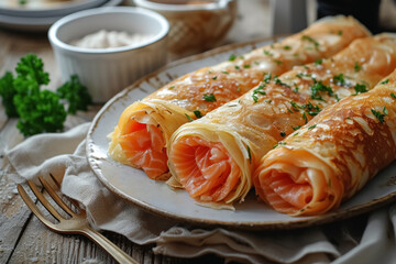 Three thin pancakes stuffed with salted salmon, close up on white plate on rustic style wooden background