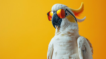 Cockatoo parrot in sunglasses on yellow background with copy space. Summer banner for advertising or web