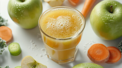 Top view of glass of healthy detox juice on grey concrete background, drink with carrot and green apple juice, concept healthy eating, fitness and weigh loss