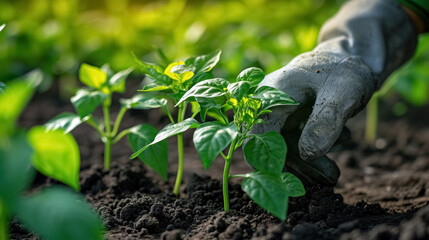 Person plants bell pepper seedling in the ground in bed, spring farm work, healthy vegetarian organic food