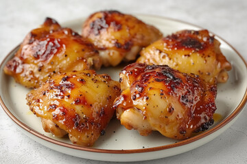 Chicken thighs in mustard honey glaze on white plate with on concrete background