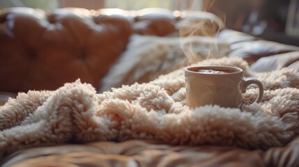 A fluffy throw blanket and mug of hot cocoa, inviting viewers to indulge in warmth and relaxation
