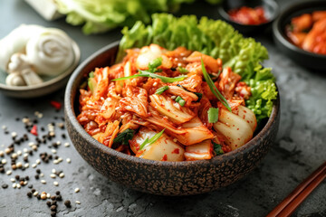 Top view kimchi cabbage in bowl on grey concrete background, healthy fermented pickled food