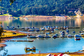 Boats, motorboats and marine vessels on a lake in Valle de Bravo state of Mexico