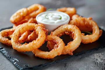Close up of fried crispy onion rings with white sauce on black slate board on concrete background