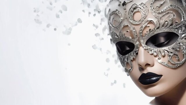 Woman in a silver mask. Fashion and cosmetics industry.  Mardi Gras. Carnival. Gnerated AI