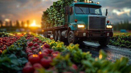 Teal refrigerated truck delivering fresh produce at dawn, farm to table, copy space for text