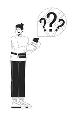 Disappointed man getting lost black and white 2D line cartoon character. Tourist trying to find location with smartphone isolated vector outline person. Danger monochromatic flat spot illustration