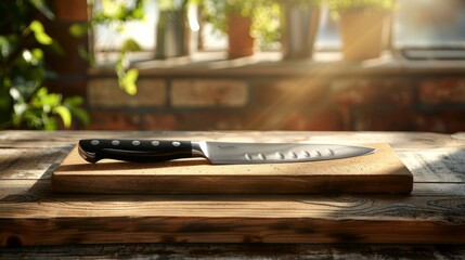 Fototapeta premium A chef's knife and cutting board, ready for culinary creations in a well-lit studio setting