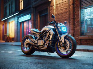 Obraz na płótnie Canvas Arafed motorcycle parked on the street at night in the city, 8k octane 3d render, sitting on a cyberpunk motorbike design.