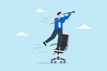 Businessman rides office chair while using telescope to see future, illustrating career foresight and vision. Concept of seeking out new job opportunities and pathways to success in workplace
