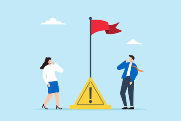 Thoughtful businessman and businesswoman look at red flag warning, illustrating careful in business or economic disaster. Concept of advice, notice, or alert for potential threats or risks