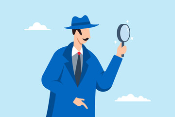 Smart detective looking through magnifying glass, illustrating observation and investigation to uncover evidence. Concept of inspecting and analyzing data to discover useful information