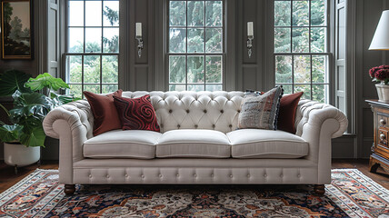 An elegant white Chesterfield sofa, adorned with button tufting and rolled arms, adding timeless charm to a traditional sitting room.