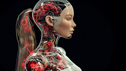 A woman with a robotic body and a red head
