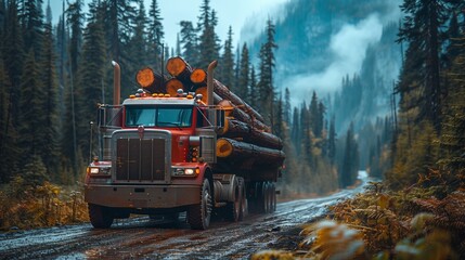 Burgundy log truck in a dense forest, timber transport, copy space for text