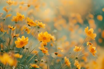 Fototapeta premium Golden Field of Flowers Swaying Hypnotically in the Breeze