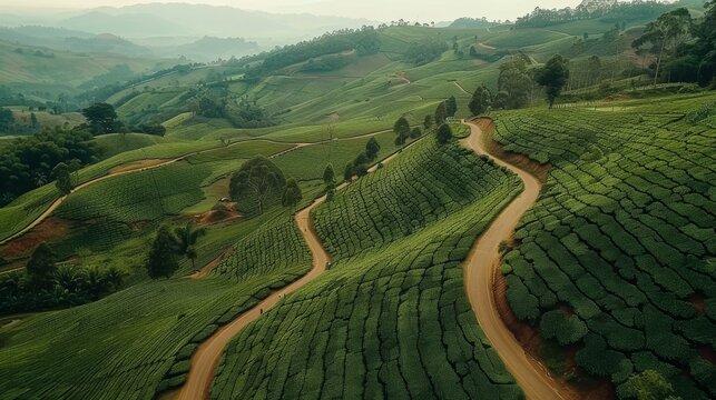 Aerial view of Lipton's seat viewpoint and adjacent tea plantations at Sri Lanka.