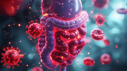 An informative 3D rendering image depicting common digestive disorders affecting the stomach and intestines, including gastritis, gastroenteritis, irritable bowel syndrome (IBS), and Crohn's disease