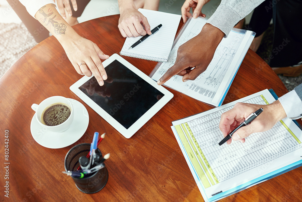 Poster paperwork, hands and tablet in workplace with spreadsheet, notebook and teamwork at desk for researc