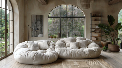 An oversized white bean bag sofa, inviting relaxation and casual lounging in a playful and informal living space.