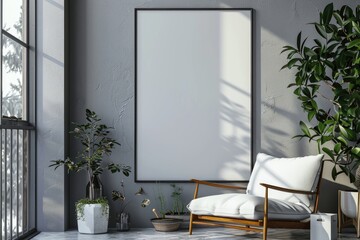 A mockup of a vertical empty picture frame in a natural setting with textured wall and plant shadows