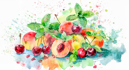 A vibrant watercolor painting showcasing an array of fresh fruits and mint leaves, bursting with lively colors