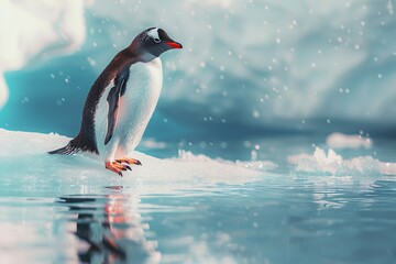 Penguin on a floe drifting through ocean